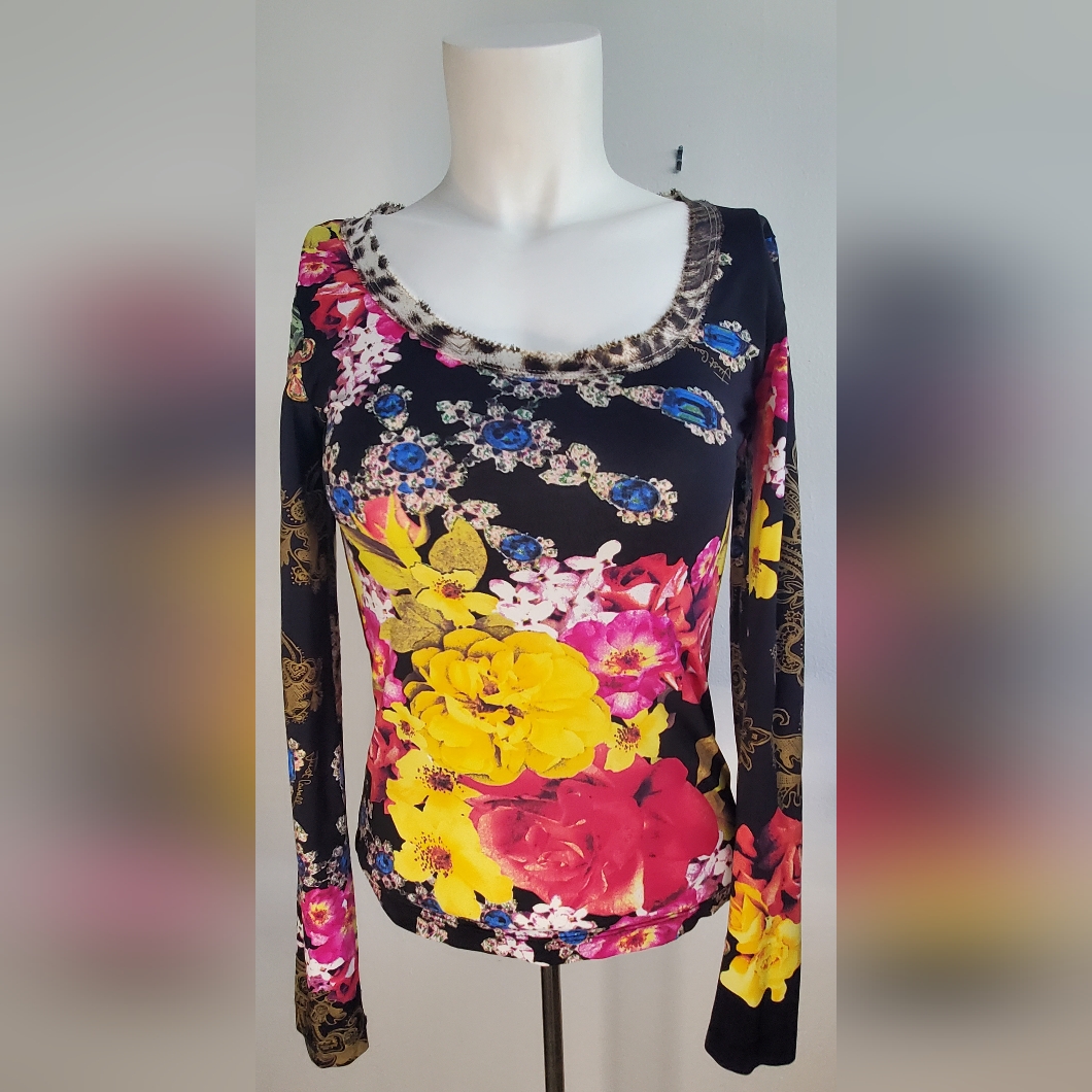 Just Cavalli -Size S -Black Floral Print Top W/Scoop Neckline